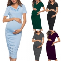 Fashion Solid Color Short Sleeve Cowl Neck Maternity Dress