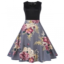 Fashion Sleeveless Round Neck Printed Spliced Hem Dress