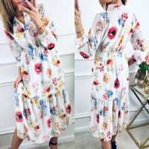 Sweet Style Long Sleeve Ruffle Hem Printed Dress