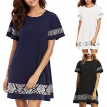 Fashion Embroidered Spliced Short Sleeve Round Neck Dress