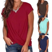 Fashion Solid Color Short Sleeve Round Neck Twisted Hem T-shirt