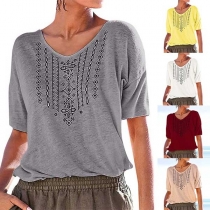 Fashion Short Sleeve V-neck Printed T-shirt