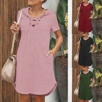 Fashion Solid Color Short Sleeve Hooded Dress