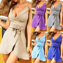 Sexy Backless V-neck Irregular Hem Solid Color Sling Dress