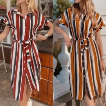 Fashion Short Sleeve POLO Collar Striped Shirt Dress