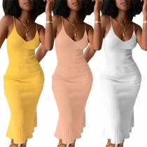 Sexy Backless V-neck Solid Color Sling Dress