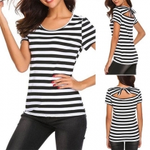 Fashion Short Sleeve Round Neck Hollow Out Knotted Striped T-shirt
