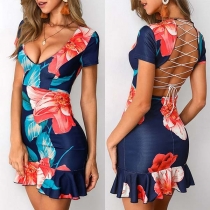 Sexy Backless Short Sleeve Ruffle Hem Printed Dress
