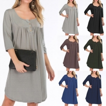 Fashion Solid Color 3/4 Sleeve Round Neck Loose Dress