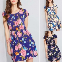 Fresh Style Short Sleeve Round Neck Elastic Waist Printed Dress