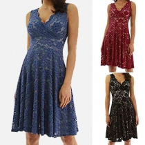 Sexy V-neck Sleeveless High Waist Lace Dress