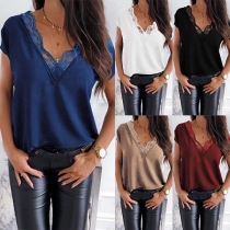Fashion Lace Spliced V-neck Short Sleeve Solid Color Top(It falls small)
