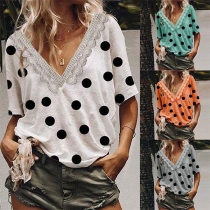 Fashion Lace Spliced V-neck Short Sleeve Dots Printed T-shirt