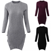 Fashion Solid Color Long Sleeve Slit Hem Sweater Dress