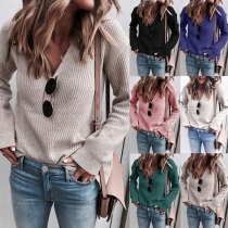 Simple Style Long Sleeve V-neck Solid Color Sweater