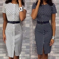 Fashion Short Sleeve Round Neck Slim Fit Striped Dress
