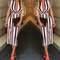 Fashion Short Sleeve Round Neck Crossover Striped Dress