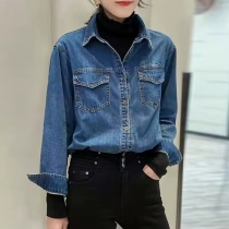 Fashion Long Sleeve POLO Collar Denim Shirt