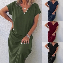 Fashion Solid Color Short Sleeve V-neck Loose Dress