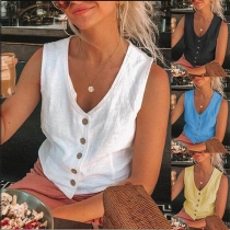 Fashion Solid Color Sleeveless V-neck Front-button Top