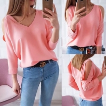 Sexy Off-shoulder Long Sleeve V-neck Solid Color T-shirt