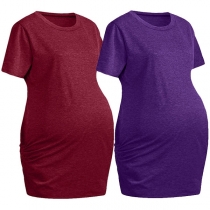 Fashion Short Sleeve Round Neck Solid Color Maternity Dress