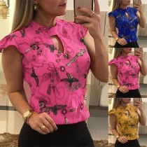 Fashion Cap Sleeveless Mock Neck Printed Blouse