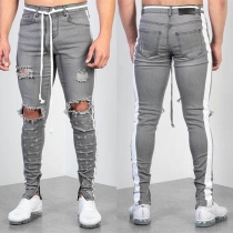 Fashion Striped Spliced Hollow Out Ripped Men's Jeans 