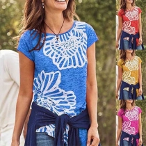 Fashion Short Sleeve Round Neck Irregular Hem Printed T-shirt 