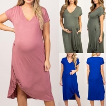 Fashion Short Sleeve V-neck Irregular Hem Maternity Dress