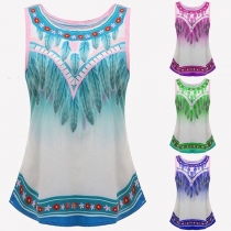 Fashion Feather Printed Sleeveless Round Neck Top