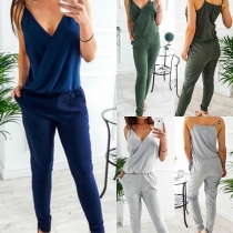 Sexy V-neck High Waist Solid Color Sling Jumpsuit 
