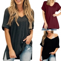 Fashion Solid Color Short Sleeve V-neck Loose T-shirt 