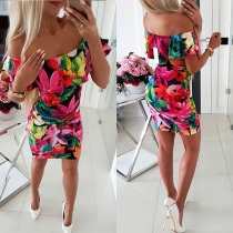 Sexy Ruffle Boat Neck Slim Fit Printed Dress