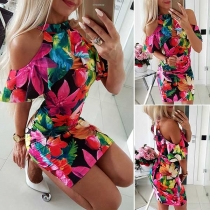 Sexy Off-shoulder Mock Neck Slim Fit Printed Dress