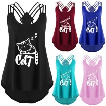 Cute Cat Printed High-low Hem Sling Top