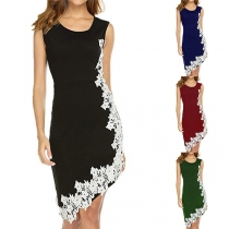 Fashion Sleeveless Round Neck Irregular Hem Lace Spliced Dress