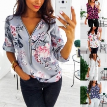 Fashion Long Sleeve Zipper V-neck Printed Top