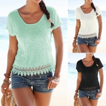 Fashion Short Sleeve Round Neck Lace Spliced Hem T-shirt 