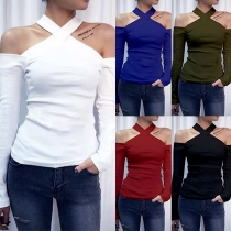 Sexy Off-shoulder Long Sleeve Solid Color Halter T-shirt