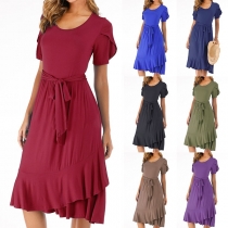 Fashion Solid Color Short Sleeve Round Neck Ruffle Hem Dress