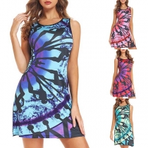 Fashion Sleeveless Round Neck Slim Fit Printed Dress