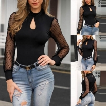 Sexy Gauze Spliced Long Sleeve Mock Neck Bodysuit