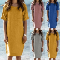 Fashion Short Sleeve Round Neck Solid Color Dress
