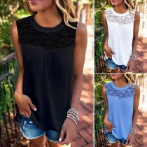 Fashion Sleeveless Round Neck Lace Spliced Top