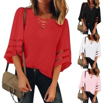 Fashion Gauze Spliced Trumpet Sleeve V-neck Solid Color Top 