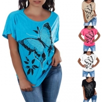 Fashion Butterfly Printed Short Sleeve Round Neck T-shirt 