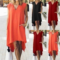 Fashion Sleeveless V-neck Irregular Hem Solid Color Dress