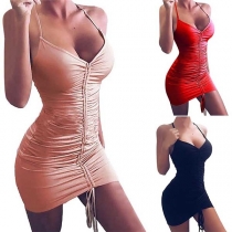 Sexy Backless V-neck Solid Color Sling Tight Dress