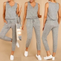 Fashion Solid Color Sleeveless V-neck Drawstring Waist Jumpsuit 